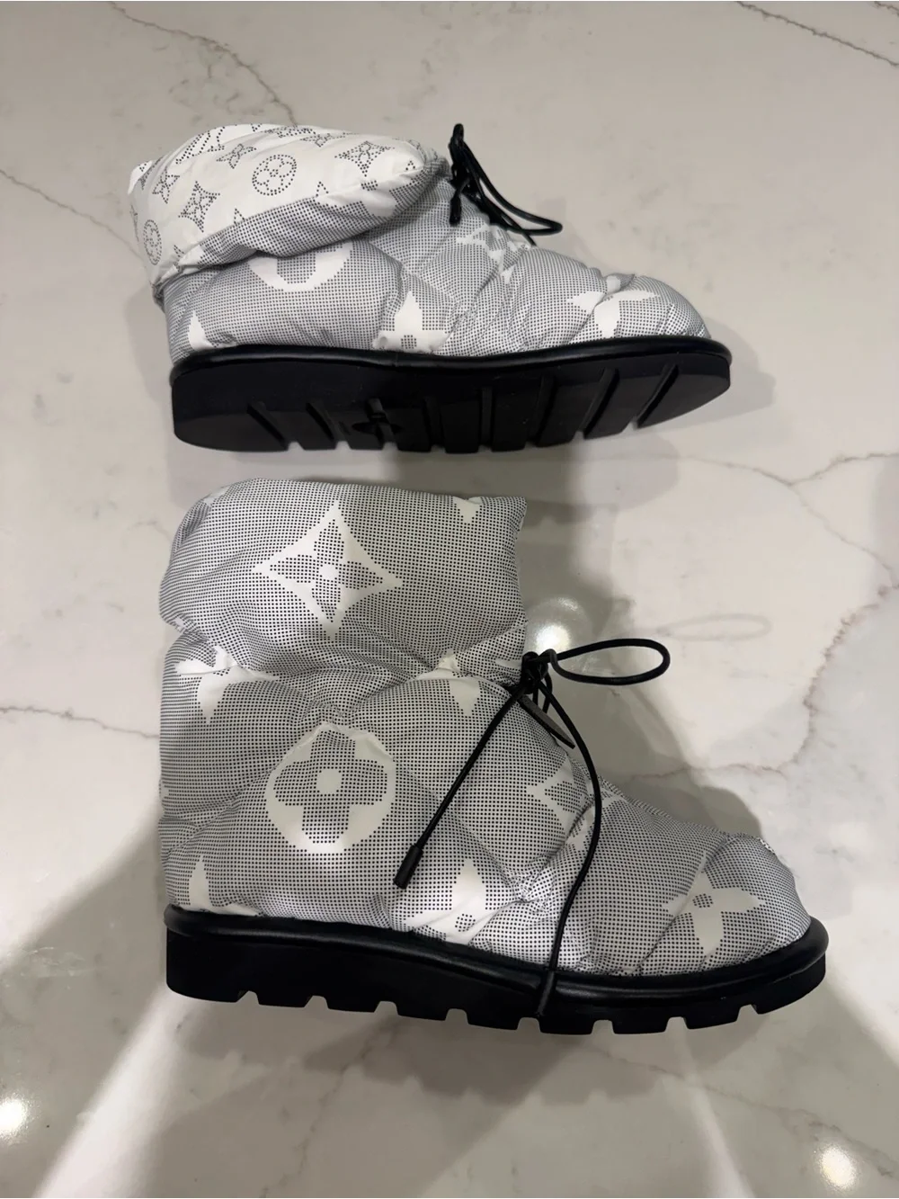 Louis Vuitton White Quilted Monogram Booties with Black Details